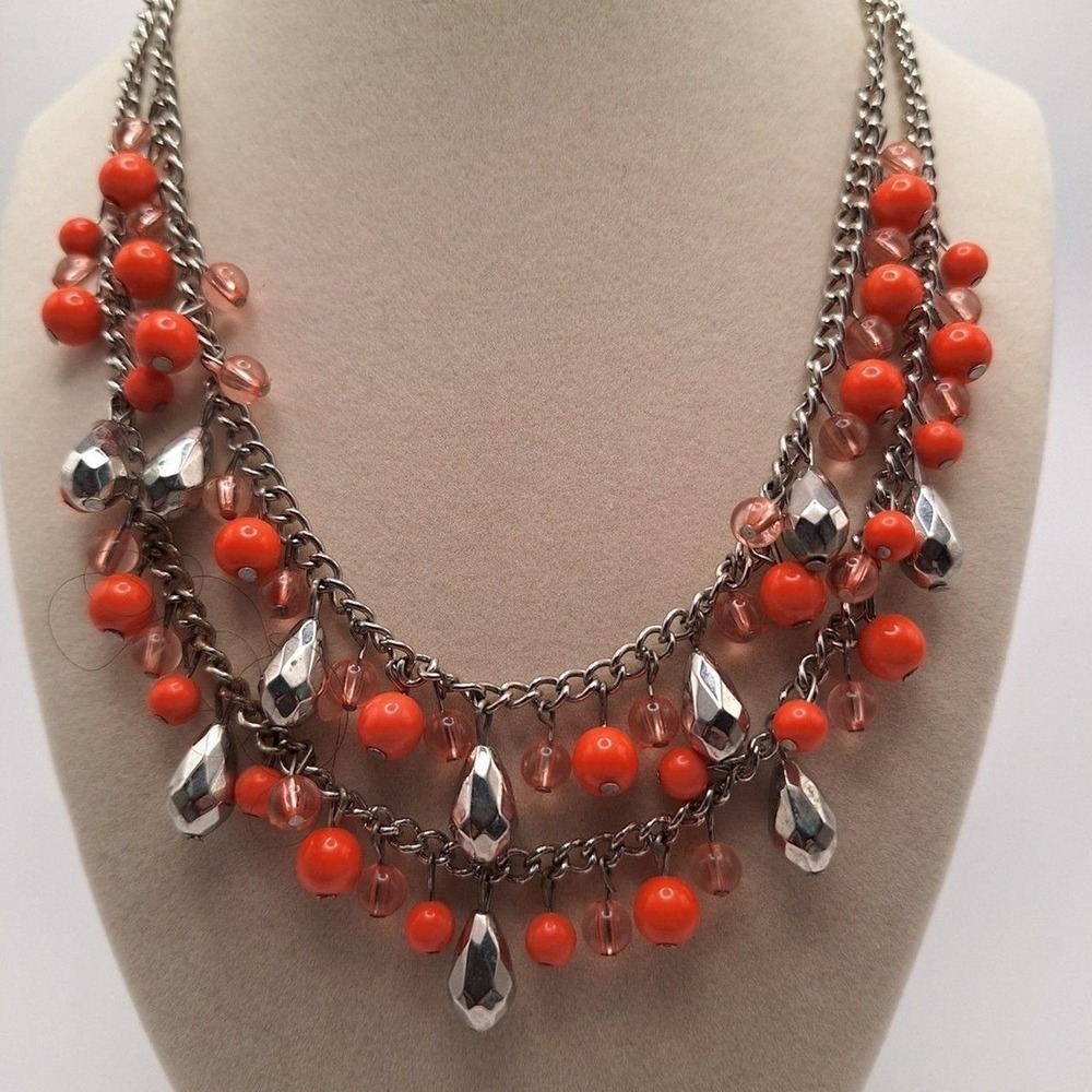 Coral color necklace drop dangle silver drops 2 strands acrylic in gold tone